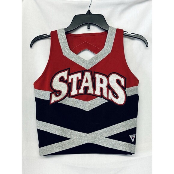 Varisty Cheerleading Uniform Top Black Red Silver Metallic STARS Size S / M - Picture 1 of 4